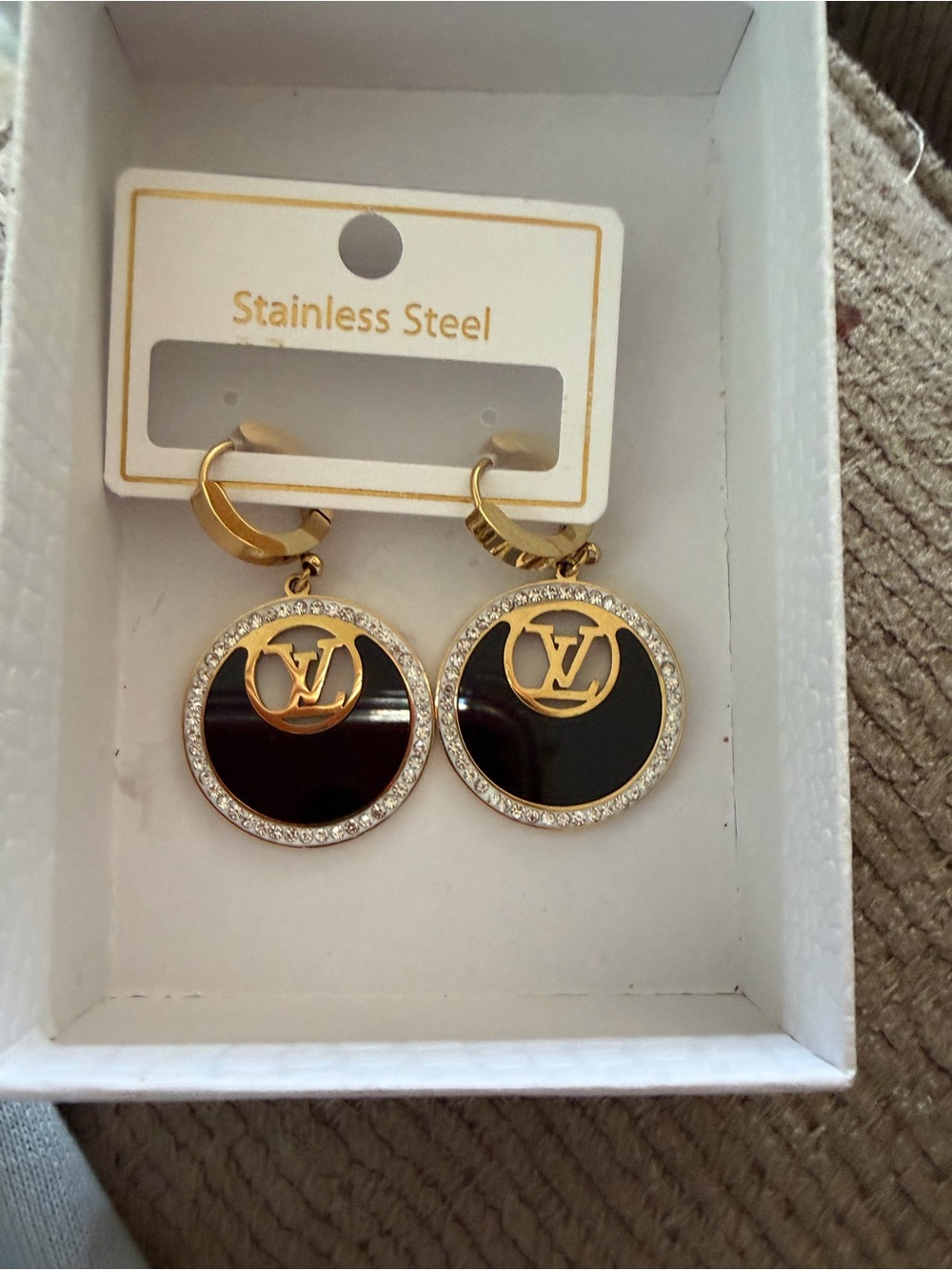 Gold tone, Black and crystal Drop Hoop Earrings - Stainless Steel, fashion brand